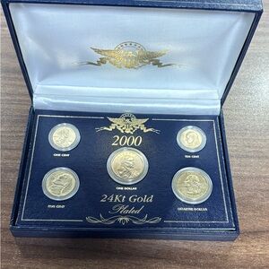 2000 P 24K Gold Plated Uncirculated Mint Set - 5 Coins Sacagawea Quarter Dime